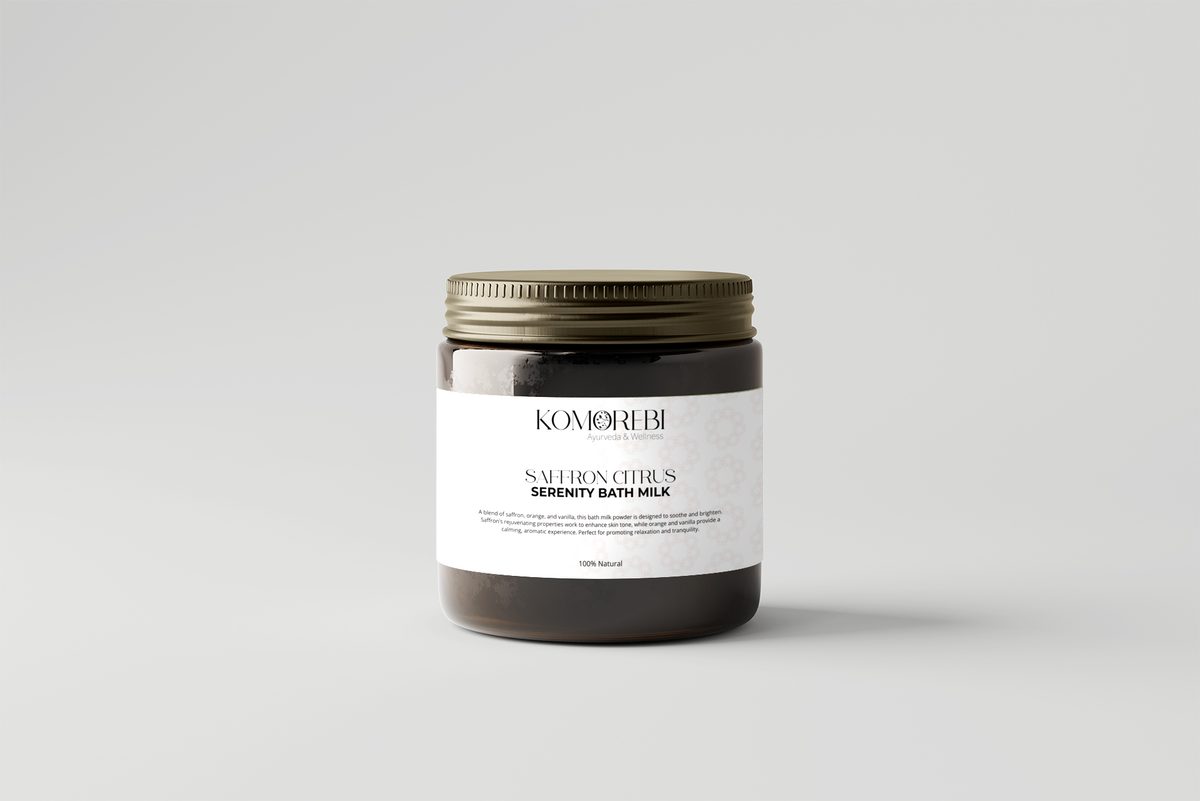 Komorebi Saffron Citrus Serenity Bath Milk in an amber glass jar with a gold lid